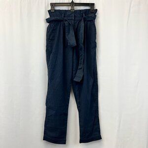 Find Womens Paperbag Straight Leg Pants Navy Blue Belted Elastic Waist Cuffed S